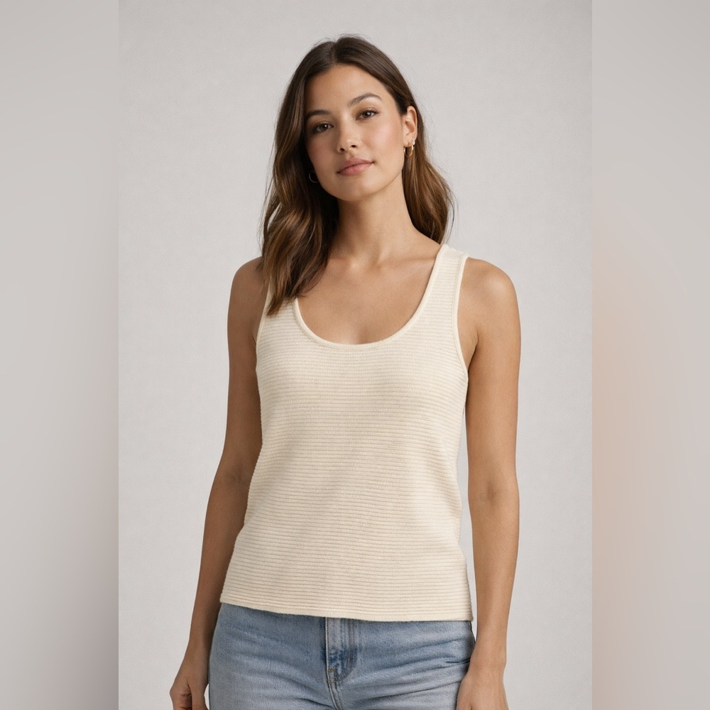Broadway 38 Cream Knit Ribbed Top Scoop Neck Size L